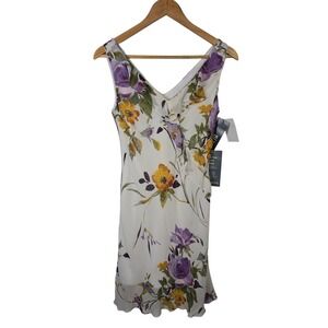 Eva Blue Petite Floral Beaded Ruffle V-Neck Dress Ivory Multi Size 6 Y2K